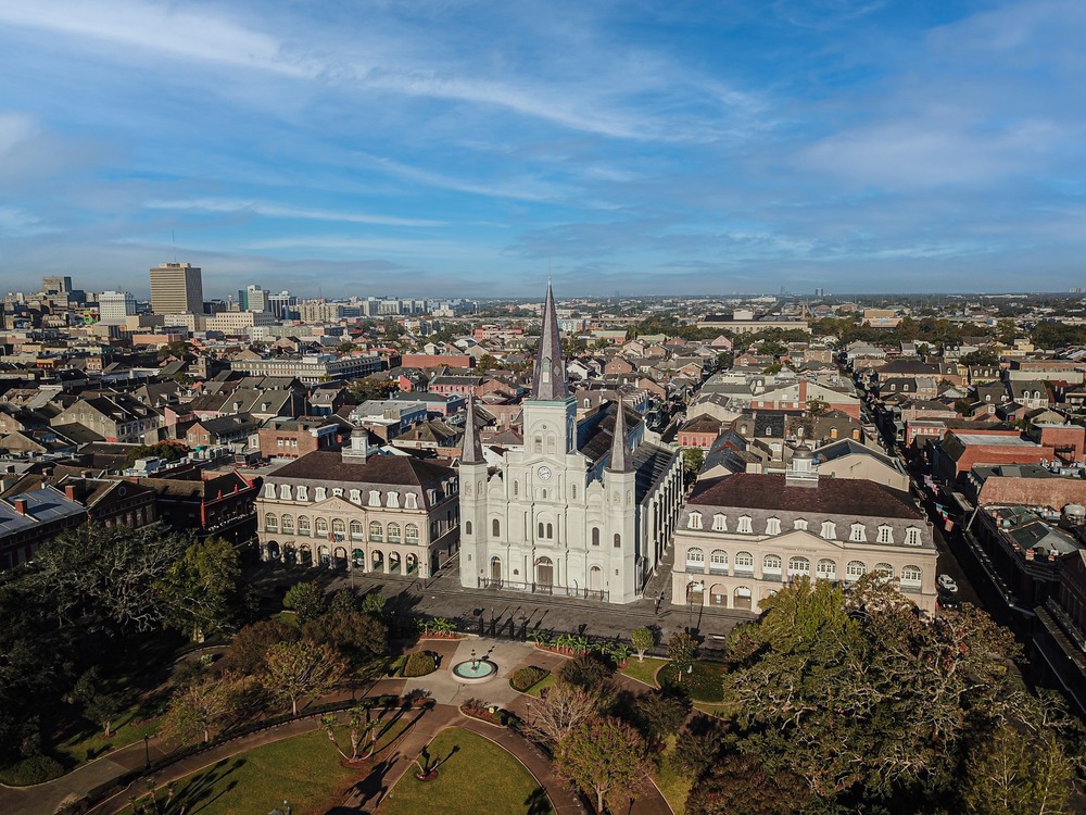 The cathedral, Cabildo, and Presbytere from above the French Quarter