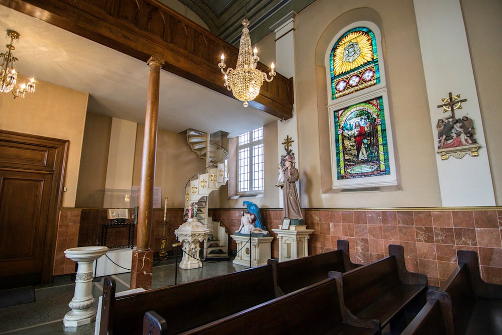 The spiral staircase and stained glass in St. Mary's Church