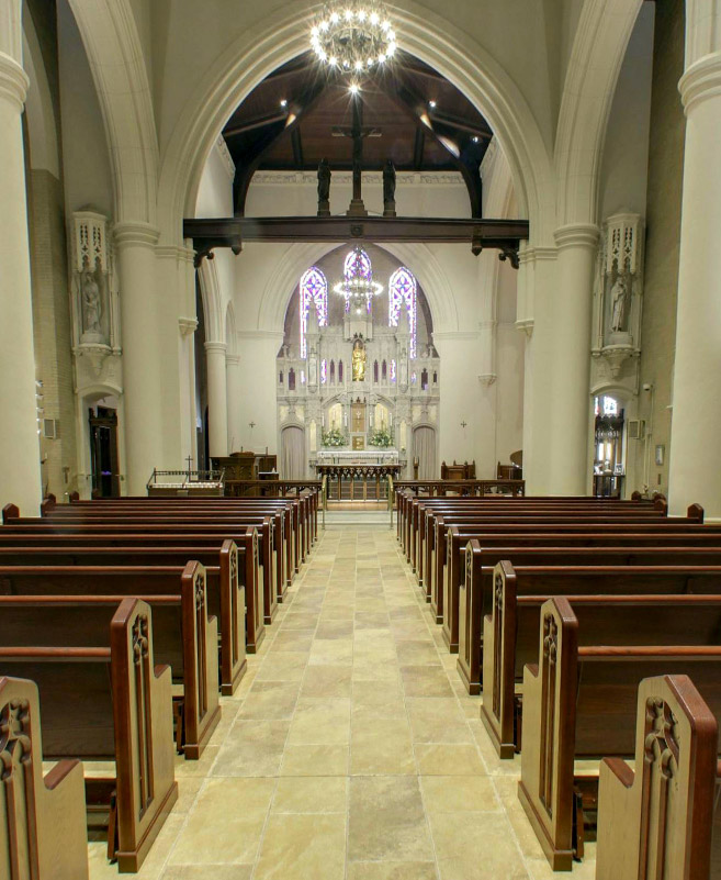 The center aisle and high altar of the shrine