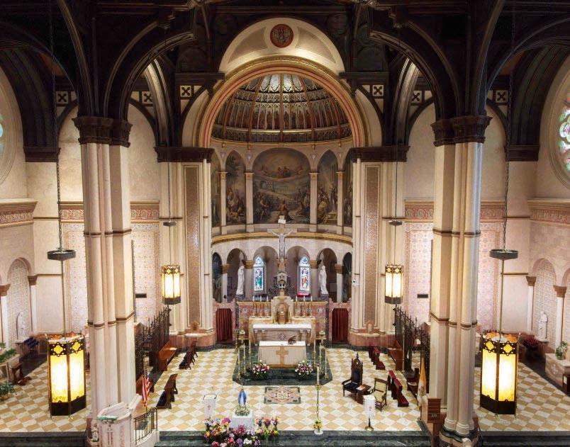 The sanctuary and high altar seen from the choir loft