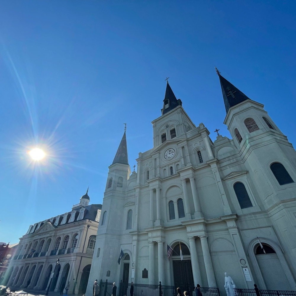 The façade and steeples from Jackson Square
