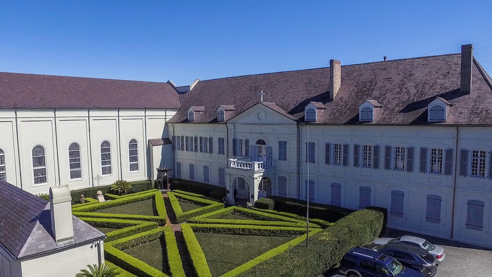 The convent, St. Mary's Church, and the formal parterre garden from above